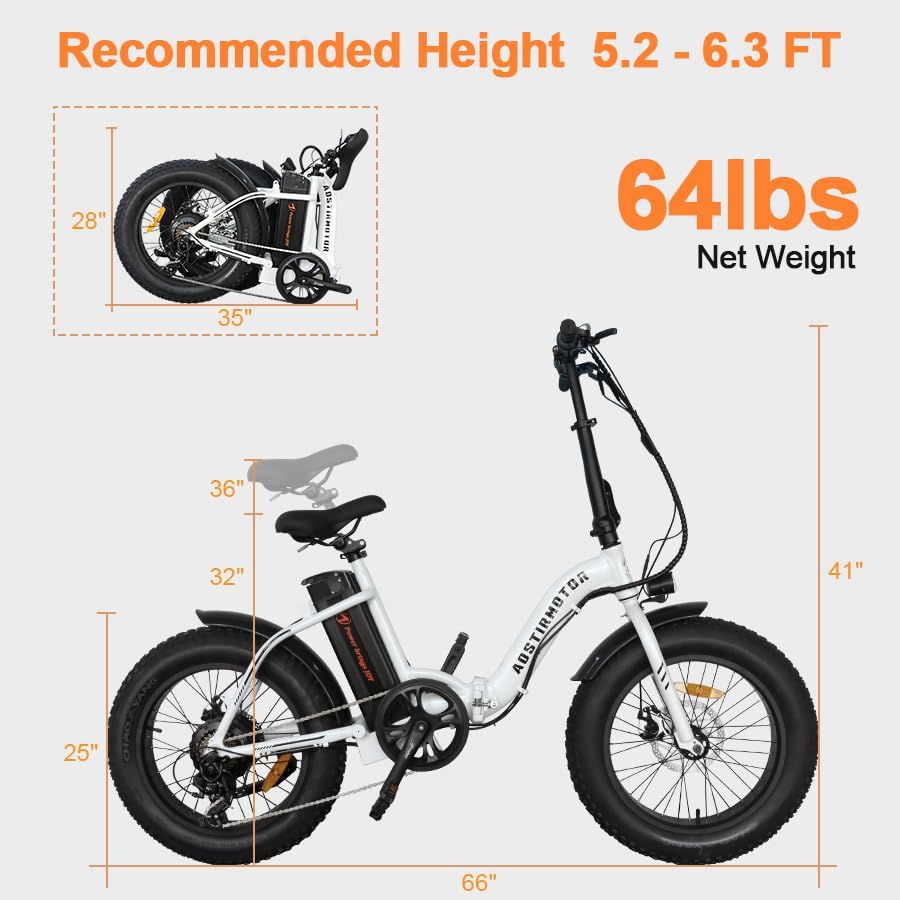 Aostirmotor Folding Electric Bike 20 inch Fat Tire Electric Bicycle with 500W Motor, 36V 13AH Removable Lithium Battery for Adults