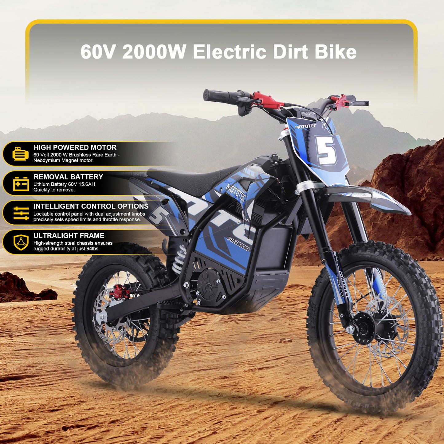 MotoTec 60v Pro Electric Dirt Bike 2000w Lithium