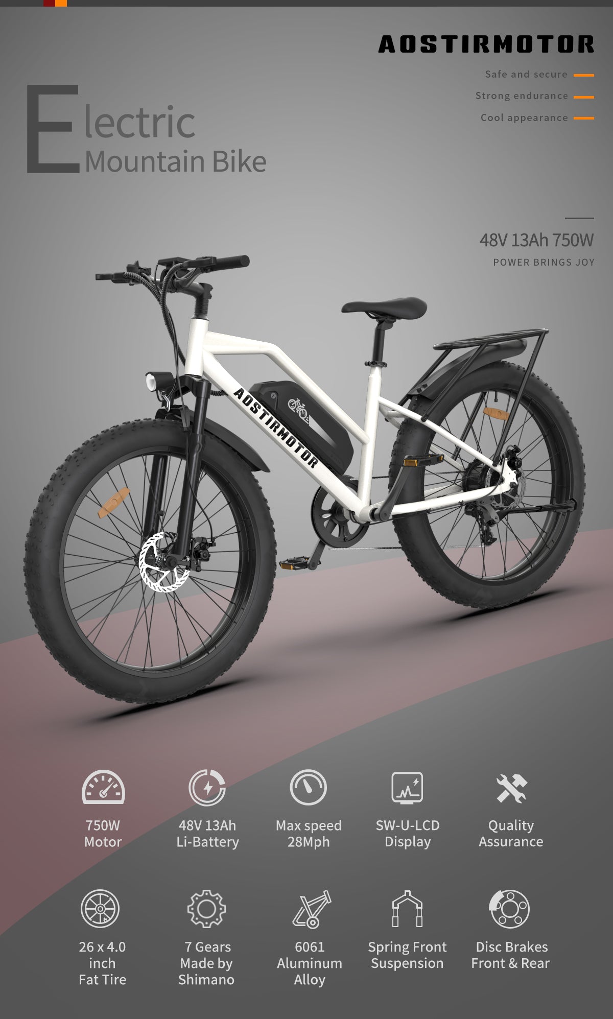 Aostirmotor Electric Mountain Bike, 750W Motor, 48V 13AH Removable Lithium Battery Ebike with Rack, 26" 4.0 inch Fat tire Bike, Electric Bicycle for Adults (White