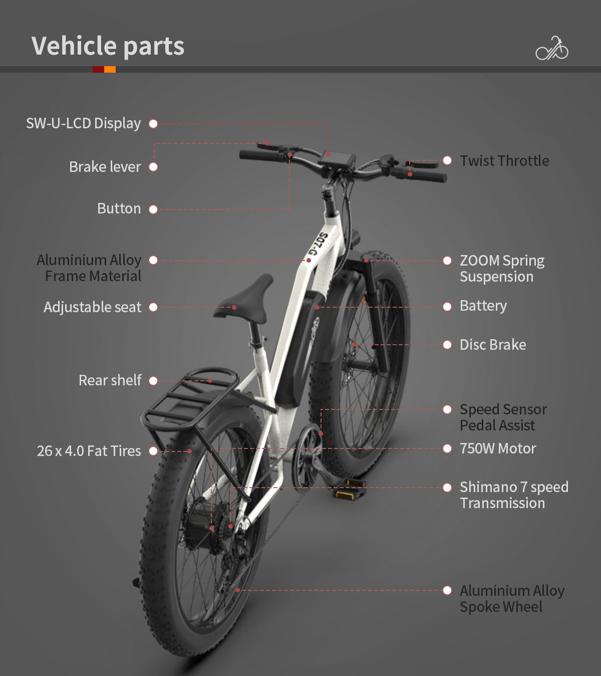 Aostirmotor Electric Mountain Bike, 750W Motor, 48V 13AH Removable Lithium Battery Ebike with Rack, 26" 4.0 inch Fat tire Bike, Electric Bicycle for Adults (White