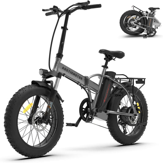 Aostirmotor Folding Electric Bike 20 inch Fat Tire , 750W Motor, 48V 12.5AH Removable Lithium Battery for Adults